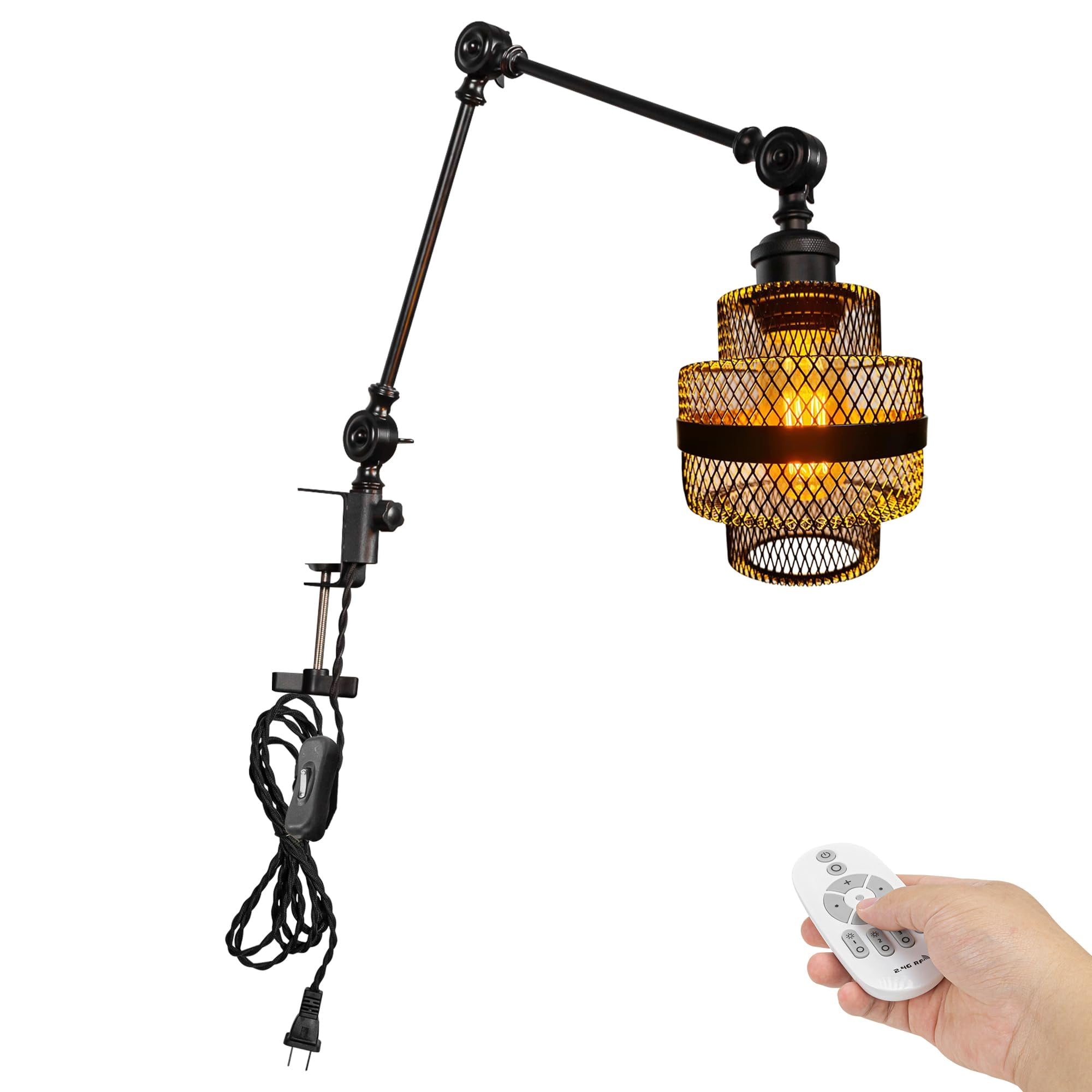 Kiven Dimmable Clip-on Desk Lamp, 1-Light Black Hollow-Carved Design Nightstand Lamp with Flexible Arm, Remote Control, Decorative Clamp Lamp for Office Home Bookshelf Bedside E26 Sokcet DZ0301