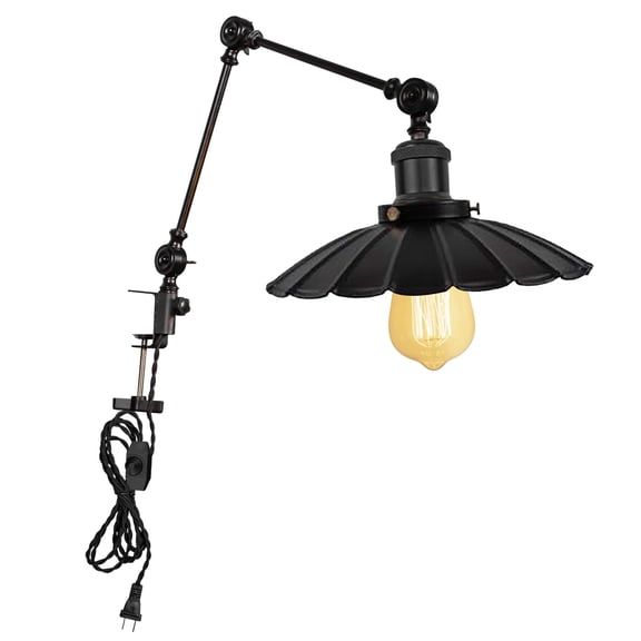 Kiven Dimmable Clip-on Desk Lamp, 1-Light Black Industrial Nightstand Lamp with Flexible Swing Arm, 8.2FT Plug in Cord, Decorative Clamp Lamp for Office Bookshelf Cabine DZ0149