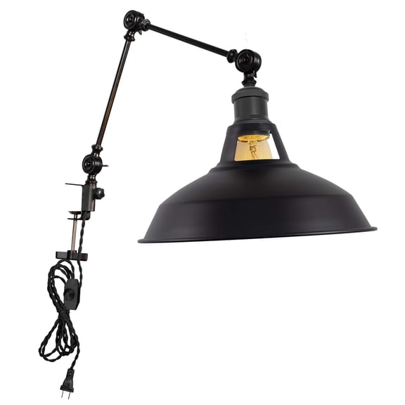 Kiven Dimmable Clip-on Desk Lamp, 1-Light Black Industrial Nightstand Lamp with Flexible Swing Arm, 8.2FT Plug in Cord, Decorative Clamp Lamp for Office Bookshelf Cabine DZ0152