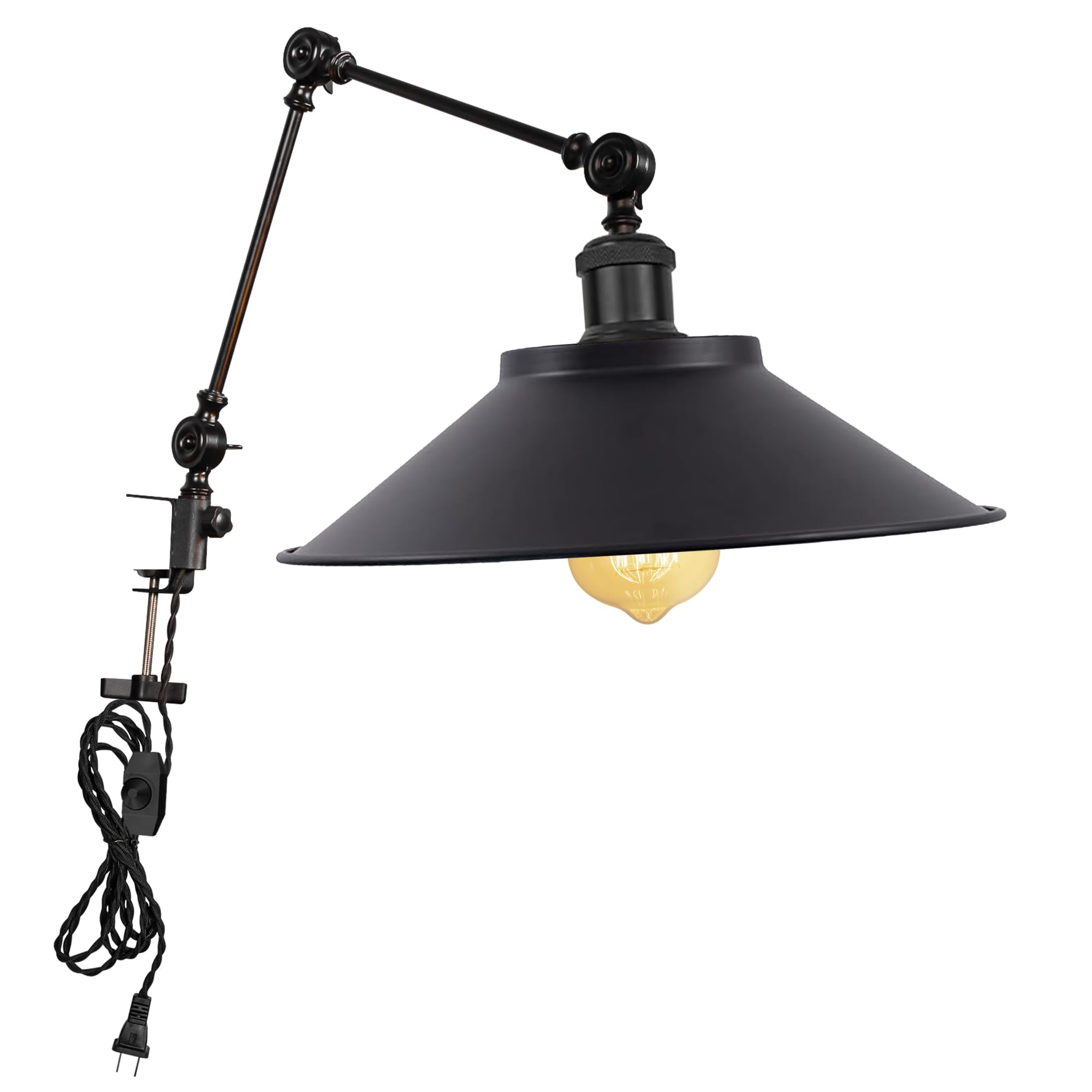 Kiven Dimmable Clip-on Desk Lamp, 1-Light Black Industrial Nightstand Lamp with Flexible Swing Arm, 8.2FT Plug in Cord, Decorative Clamp Lamp for Office Bookshelf Cabine DZ0150