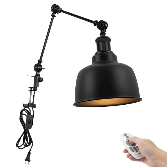 Kiven Dimmable Clip-on Desk Lamp, 1-Light Black Industrial Nightstand Lamp with Flexible Swing Arm, Remote Control, Decorative Clamp Lamp for Office Bookshelf Cabine DZ0151