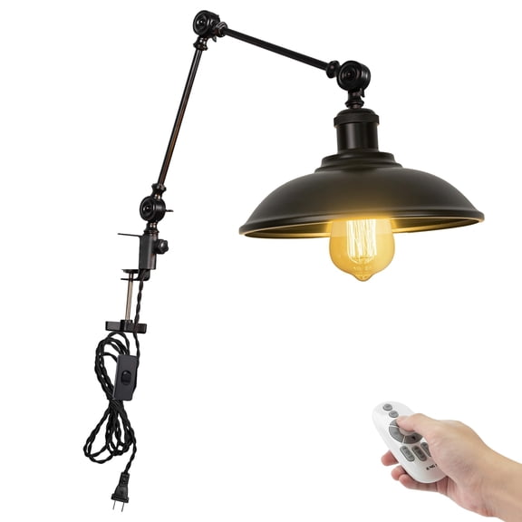 Kiven Dimmable Clip-on Desk Lamp, 1-Light Black Industrial Nightstand Lamp with Flexible Swing Arm, Remote Control, Decorative Clamp Lamp for Office Bookshelf Cabine DZTB2775