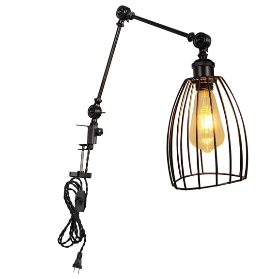 Kiven Dimmable Clip-on Desk Lamp, 1-Light Iron Industrial clip on light with Flexible Swing Arm, 8.2FT Plug in Cord, Decorative Clamp Lamp for Bookshelf Cabinet E26 Sokcet DZ0412