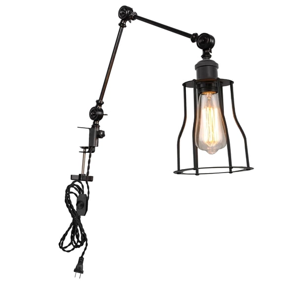 Kiven Dimmable Clip-on Desk Lamp, 1-Light Iron Industrial clip on light with Flexible Swing Arm, 8.2FT Plug in Cord, Decorative Clamp Lamp for Bookshelf Cabinet E26 Sokcet DZ0409