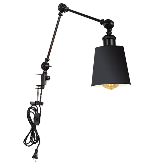 Kiven Dimmable Clip-on Desk Lamp, 1-Light Iron Industrial clip on light with Flexible Swing Arm, 8.2FT Plug in Cord, Decorative Clamp Lamp for Bookshelf Cabinet E26 Sokcet DZ0430