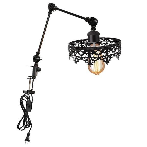 Kiven Dimmable Clip-on Desk Lamp, 1-Light Iron Industrial clip on light with Flexible Swing Arm, 8.2FT Plug in Cord, Decorative Clamp Lamp for Bookshelf Cabinet E26 Sokcet DZ0428