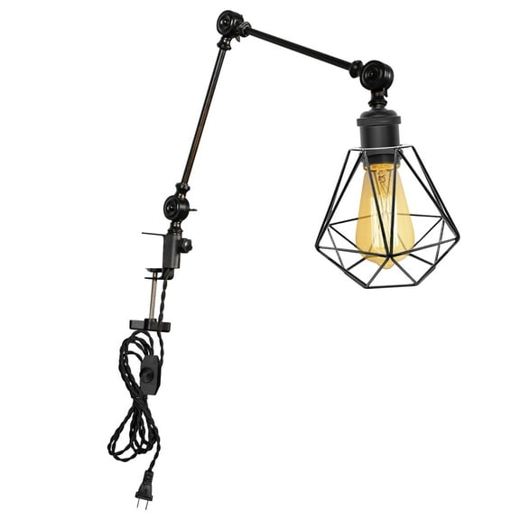 Kiven Dimmable Clip-on Desk Lamp, 1-Light Iron Industrial clip on light with Flexible Swing Arm, 8.2FT Plug in Cord, Decorative Clamp Lamp for Bookshelf Cabinet E26 Sokcet DZ0404