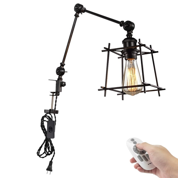 Kiven Dimmable Clip-on Desk Lamp, 1-Light Iron Industrial clip on light with Flexible Swing Arm, Remote Control, Decorative Clamp Lamp for Bookshelf Cabinet E26 Sokcet DZ0408