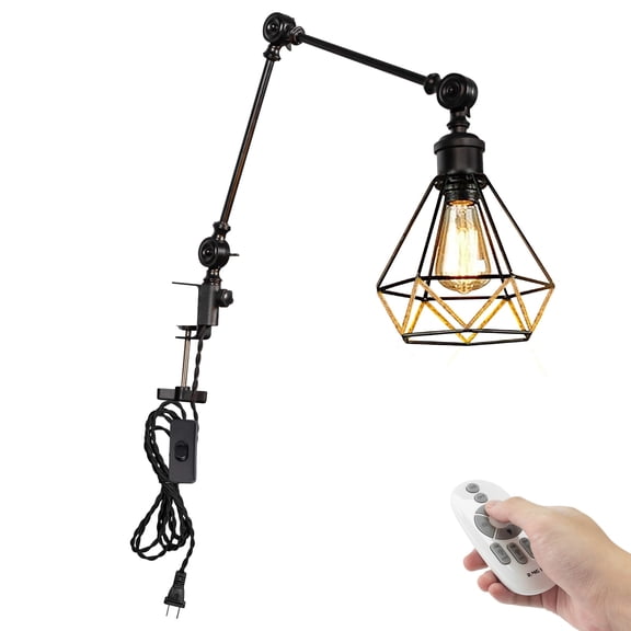 Kiven Dimmable Clip-on Desk Lamp, 1-Light Iron Industrial clip on light with Flexible Swing Arm, Remote Control, Decorative Clamp Lamp for Bookshelf Cabinet E26 Sokcet DZ0401