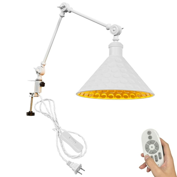 Kiven Dimmable Clip-on Desk Lamp, 1-Light Iron Modern Nightstand Lamp with Flexible Swing Arm, Remote Control, Decorative Clamp Lamp for Office Home Bookshelf Bedside,White