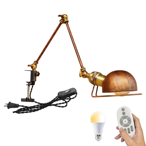 Kiven Dimmable Clip-on Desk Lamp, 1-Light Iron Modern Nightstand Lamp with Flexible Swing Arm, Remote Control, Decorative Clamp Lamps for Office Bedside Bookshelf,Rusty Red Finish,BD2783
