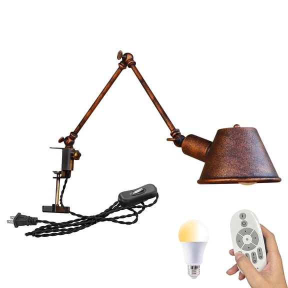 Kiven Dimmable Clip-on Desk Lamp, 1-Light Iron Modern Nightstand Lamp with Flexible Swing Arm, Remote Control, Decorative Clamp Lamps for Office Bedside Reading,Rusty Red Finish