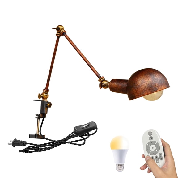 Kiven Dimmable Clip-on Desk Lamp, 1-Light Iron Modern Nightstand Lamp with Flexible Swing Arm, Remote Control, Decorative Clamp Lamps for Study Bedside Bookshelf,Rusty Red Finish