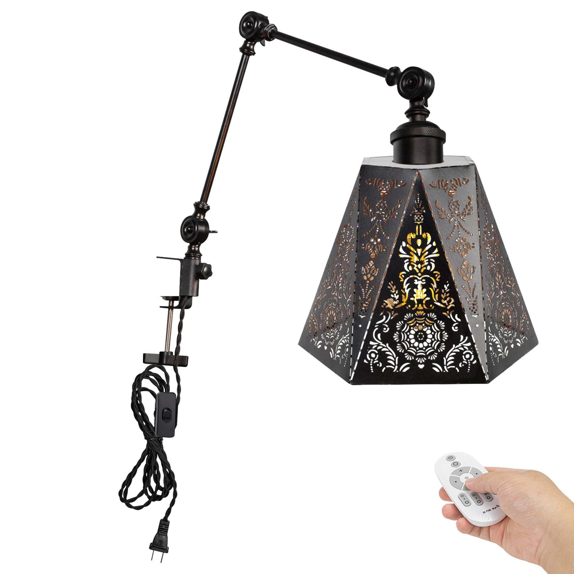 Kiven Dimmable Clip-on Desk Lamp, 1-Light Iron Nightstand Lamp with Flexible Arm, Remote Control, Decorative Clamp Lamp for Office Home Bookshelf Bedside E26 Sokcet,Black-DZ0282