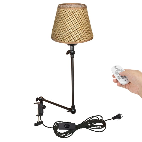 Kiven Dimmable Clip-on Desk Lamp, 1-Light Rattan Nightstand Lamp with Flexible Arm, Remote Control, Decorative Clamp Lamp for Office Home Bookshelf Bedside E26 Sokcet DZ0316