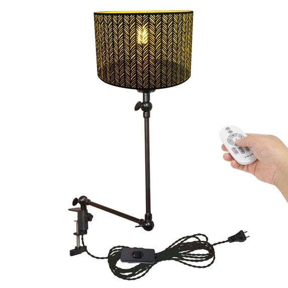 Kiven Dimmable Clip-on Desk Lamp, 1-Light Rattan Nightstand Lamp with Flexible Arm, Remote Control, Decorative Clamp Lamp for Office Home Bookshelf Bedside E26 Sokcet DZ0318-1