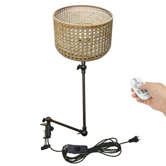 Kiven Dimmable Clip-on Desk Lamp, 1-Light Rattan Nightstand Lamp with Flexible Arm, Remote Control, Decorative Clamp Lamp for Office Home Bookshelf Bedside E26 Sokcet DZ0315