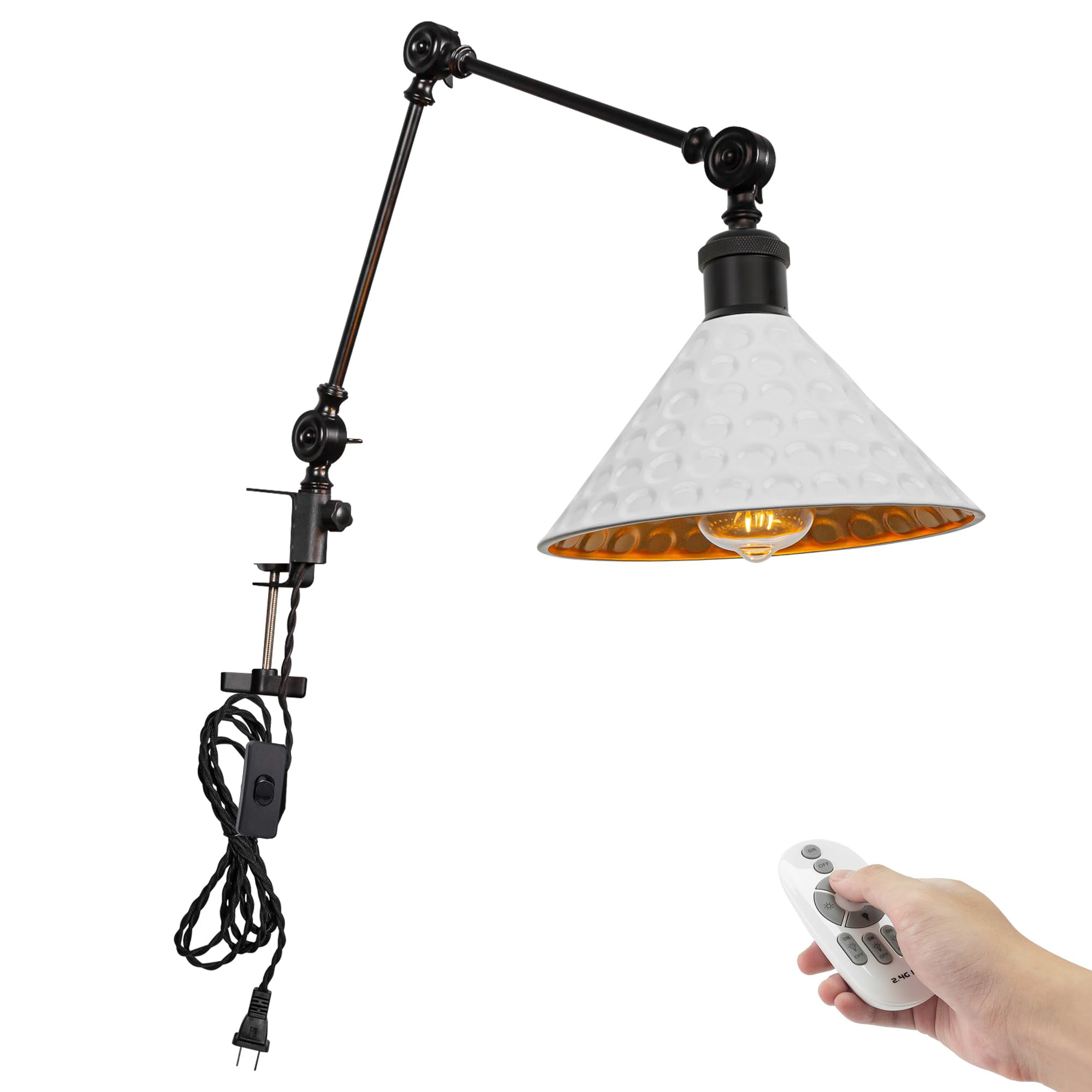 Kiven Dimmable Clip-on Desk Lamp, 1-Light White Farmhouse Nightstand Lamp with Flexible Swing Arm, Remote Control, Decorative Clamp Lamp for Office Bookshelf Cabine DZTB2776