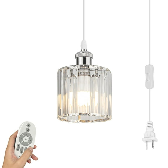 Kiven Dimmable Plug in Pendant Light,Modern Crystal Hanging Light with 15FT Cord, 1-Light Ceiling Pendant Light with Remote Control for Bedroom Hallway, Silver Finish