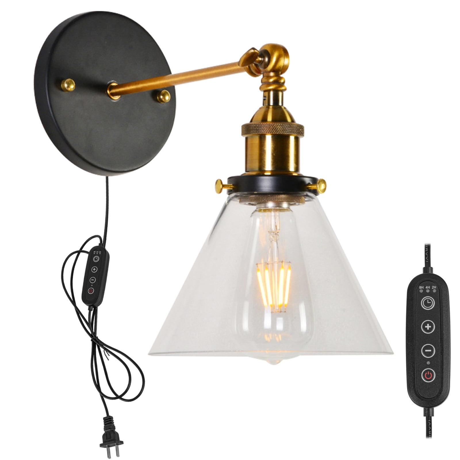 Kiven Dimmable Plug in Wall Lamp, Industrial Style Dimmable Wall Sconce with Dimmer and Timer, 5.9ft Plug-in Cord, E26 Socket(1-Light)