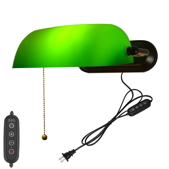Kiven Dimmable Wall Sconce with Timing, Green Glass Bankers Lighting Fixture with Plug-in Cord,Vintage Library Lamp for Bedside, Office, Study Room BD1924-7