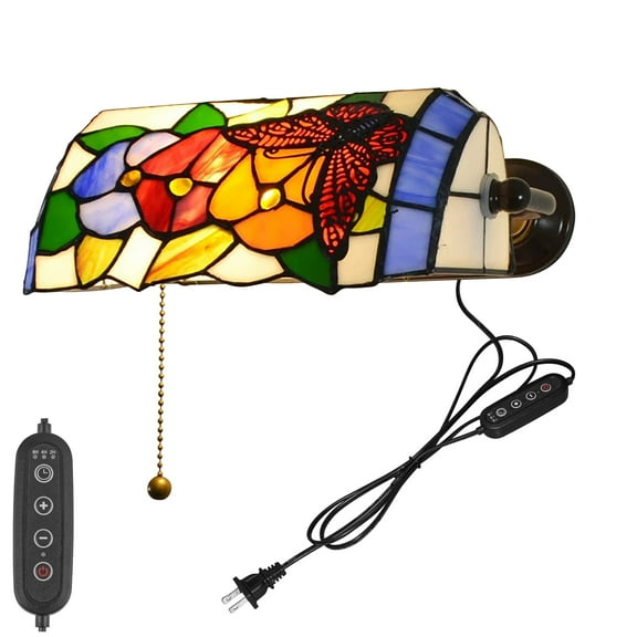 Kiven Dimmable Wall Sconce with Timing and Pull Chain Switch, Green Glass Bankers Lighting Fixture with Plug-in Cord,Vintage Library Lamp for Bedside, Office, Study Room BD1924-4