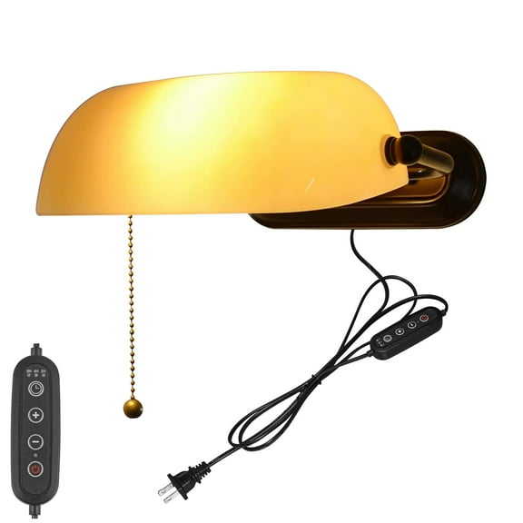 Kiven Dimmable Wall Sconce with Timing and Pull Chain Switch, Green Glass Bankers Lighting Fixture with Plug-in Cord,Vintage Library Lamp for Bedside, Office, Study Room BD1924-6