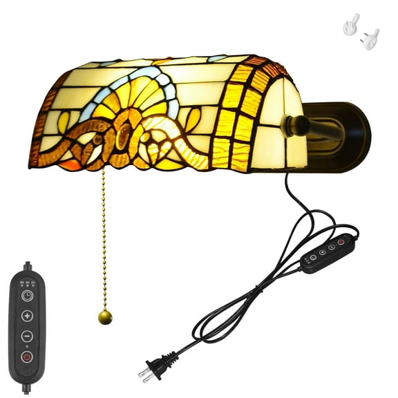 Kiven Dimmable Wall Sconce with Timing and Pull Chain Switch, Green Glass Bankers Lighting Fixture with Plug-in Cord,Vintage Library Lamp for Bedside, Office, Study Room BD1924-2