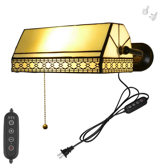 Kiven Dimmable Wall Sconce with Timing and Pull Chain Switch, Green Glass Bankers Lighting Fixture with Plug-in Cord,Vintage Library Lamp for Bedside, Office, Study Room BD1924-3