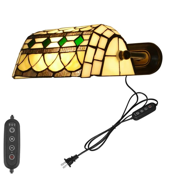 Kiven Dimmable Wall Sconce with Timing and Pull Chain Switch, Green Glass Bankers Lighting Fixture with Plug-in Cord,Vintage Library Lamp for Bedside, Office, Study Room BD1924-12