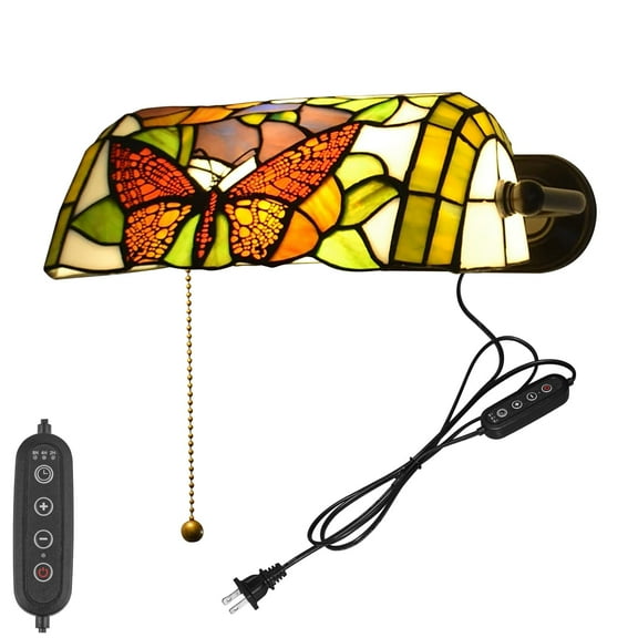 Kiven Dimmable Wall Sconce with Timing and Pull Chain Switch, Green Glass Bankers Lighting Fixture with Plug-in Cord,Vintage Library Lamp for Bedside, Office, Study Room BD1924-5