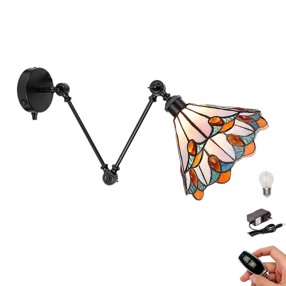 Kiven Farmhouse Cordless Swing Arm Wall Sconce,Adjustable Wall Lamp Light Fixture with Glass Lampshade, Dimmable Battery Operated Wall Sconces for Bedside Kitchen Bookshelf DZ0568