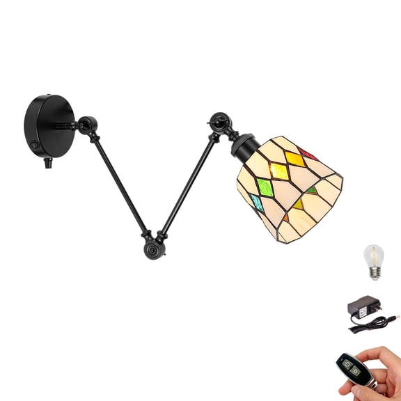 Kiven Farmhouse Cordless Swing Arm Wall Sconce,Adjustable Wall Lamp Light Fixture with Glass Lampshade, Dimmable Battery Operated Wall Sconces for Bedside Kitchen Bookshelf DZ0575