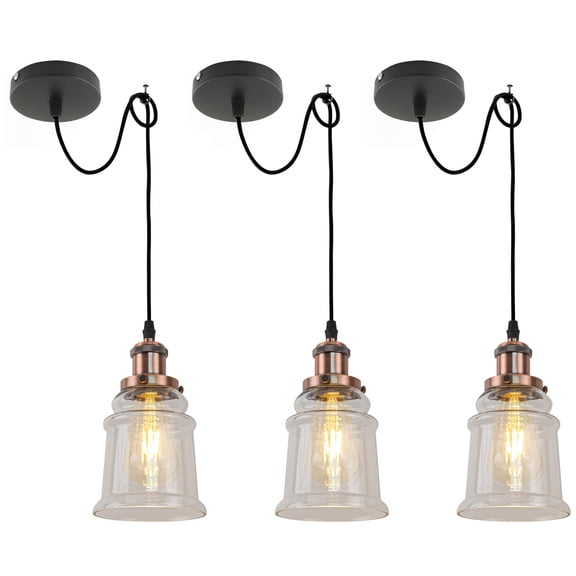 Kiven Farmhouse Glass Pendant Light Fixture 3 Pack, High Ceiling Compatible Pendant Lighting with 9.84FT Wire, Industrial Hardwire Pendant Lighting for Kitchen Hallway Bedroom Home Decor,Gold