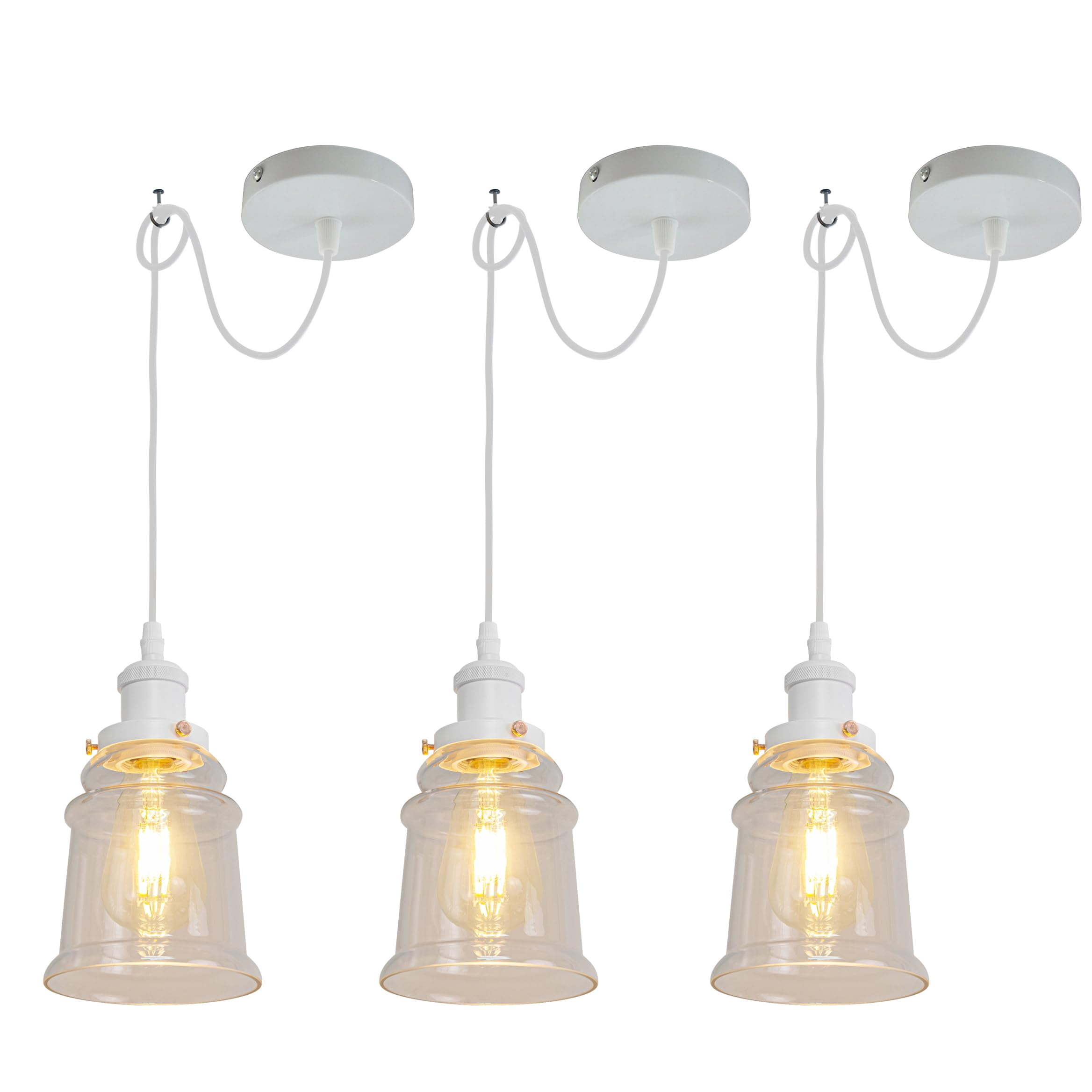 Kiven Farmhouse Glass Pendant Light Fixture 3 Pack, High Ceiling Compatible Pendant Lighting with 9.84FT Wire, Industrial Hardwire Pendant Lighting for Kitchen Hallway Bedroom Home Decor, White