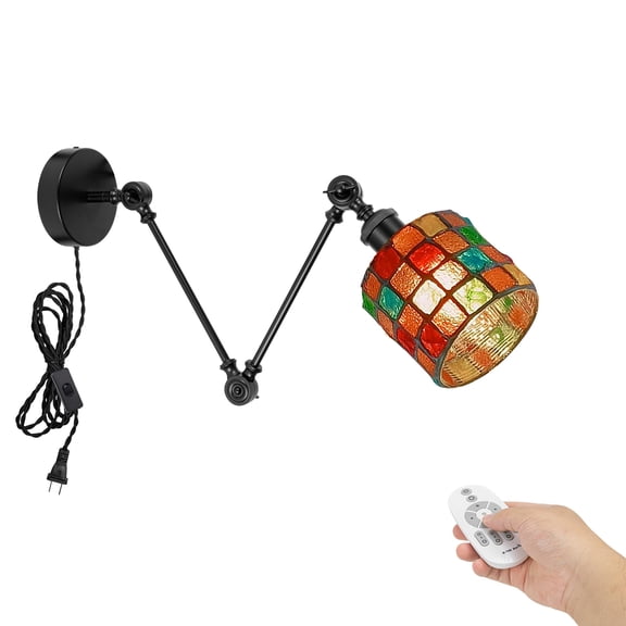 Kiven Farmhouse Swing Arm Wall Sconce,Adjustable Glass Wall Lamp Light Fixture with Remote Control, 6ft Plug-in Cord, Dimmable Wall Lights Fixtures for Bedside Kitchen Bookshelf E26 Base DZ0578