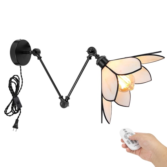 Kiven Farmhouse Swing Arm Wall Sconce,Adjustable Glass Wall Lamp Light Fixture with Remote Control, 6ft Plug-in Cord, Dimmable Wall Lights Fixtures for Bedside Kitchen Bookshelf E26 Base DZ0576