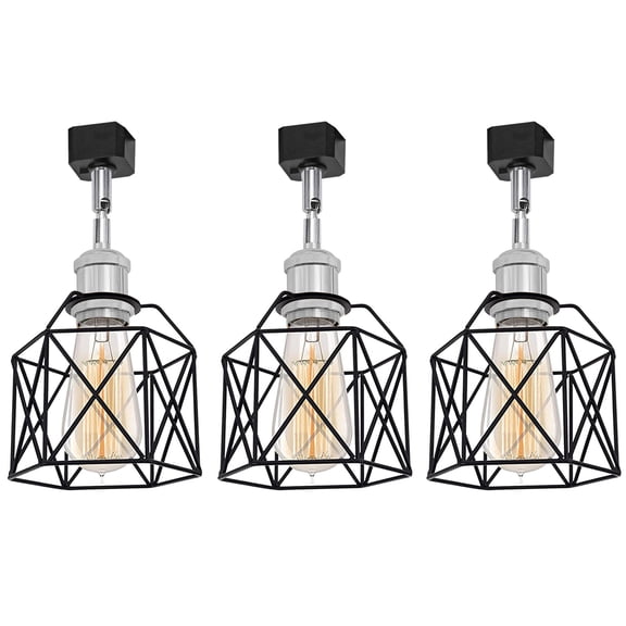 Kiven H Track Pendant Lightning,Adjustable Tilt Angle,Industrial H Track Lighting Heads with Black Iron Cage Shade, 3 Lights for Bedroom Kitchen Home Lighting,E26 Socket