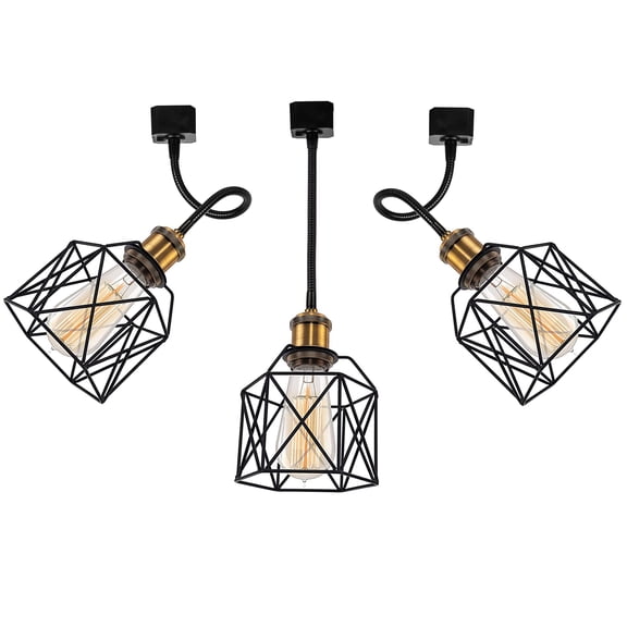 Kiven H Track Pendant Lightning,Adjustable Tilt Angle,Industrial H Track Lighting Heads with Black Iron Cage Shade, 3 Lights for Bedroom Kitchen Home Lighting,E26 Socket
