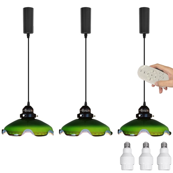 Kiven H Track Pendant Lightning with Remote Control,Adjustable Cord Length,Dimmable H Track Lighting Pendant Lights with , Green Glass Shade, 3 Lights