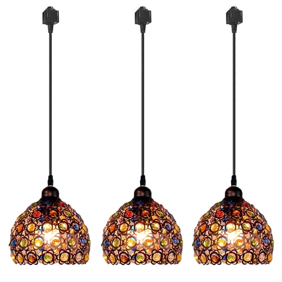 Kiven H Track Pendant Lightning, Tiffany Style H Track Lighting Pendant Lights for Bedroom Kitchen Home Lighting with Lattan Shade,E26 Socket(3 Lights)