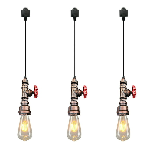 Kiven H-Type Track Lighting, 3-Light Industrial Halo Track Pendant Light, Steampunk Style Track Light Pedant for Bedroom Kitchen Island Home Cafe,Copper Red Finish,Cord length 39.4"