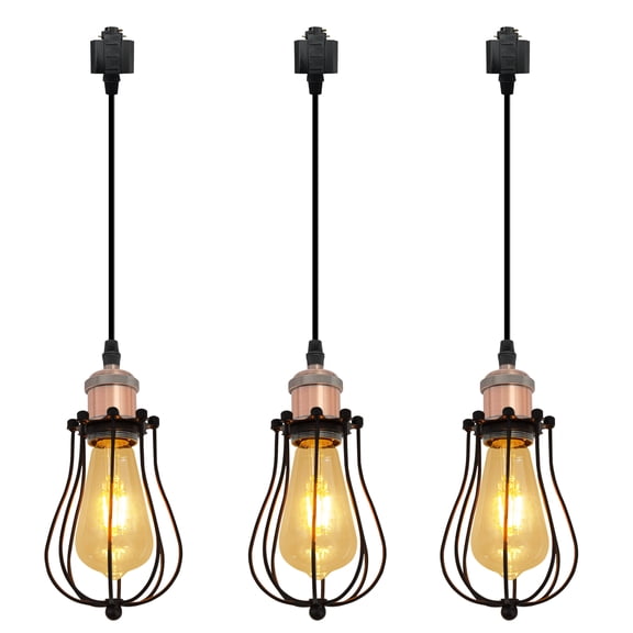 Kiven H-Type Track Lighting, 3-Light Industrial Halo track lighting pendants with Metal Cage Lampshade, H Track Light Pedant for Kitchen Island Home Cafe Bedroom, Cord length 39.4",Copper Red