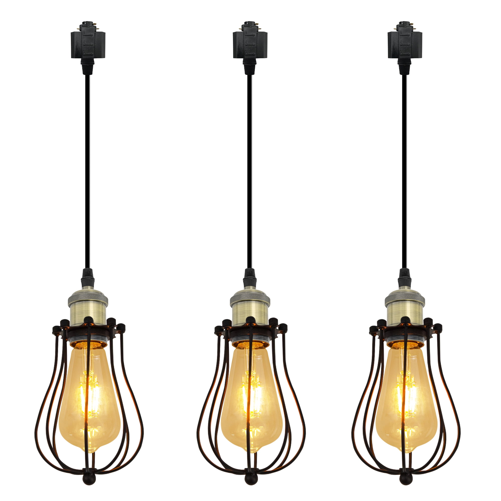Kiven H-Type Track Lighting, 3-Light Industrial Halo track lighting pendants with Metal Cage Lampshade, H Track Light Pedant for Kitchen Island Home Cafe Bedroom, Cord length 39.4",Bronze