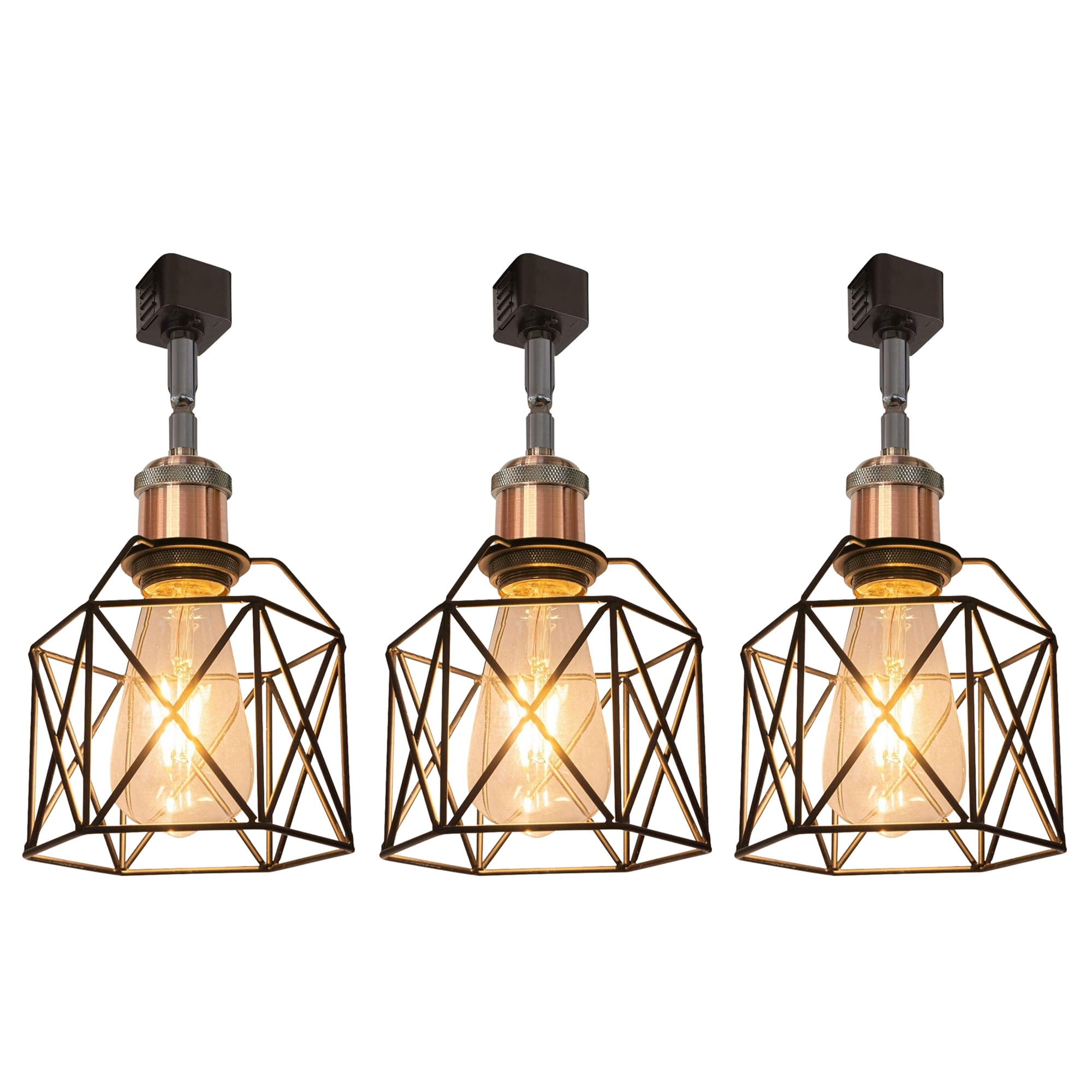 Kiven H Type Track Lighting Heads, Vintage Loft Design Track Lighting Heads with Flexible Light Arm, Black Basket Cage Track Mount Light for Kitchen Island Hotel Shop Bar, Copper Red Socket - 3 Pack