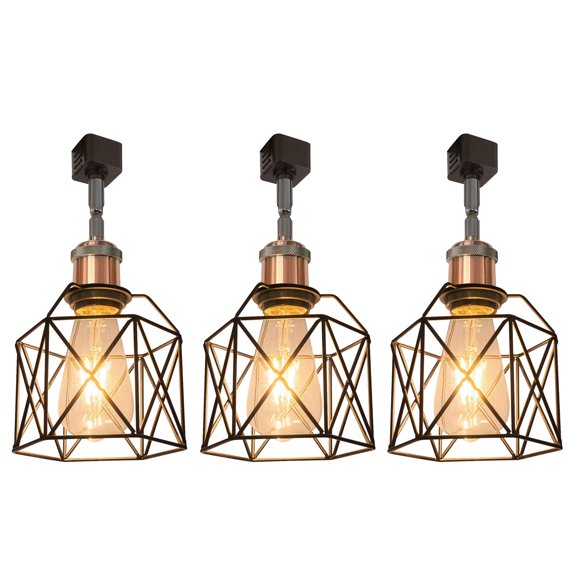 Kiven H Type Track Lighting Heads, Vintage Loft Design Track Lighting Heads with Flexible Light Arm, Black Basket Cage Track Mount Light for Kitchen Island Hotel Shop Bar, Copper Red Socket - 3 Pack