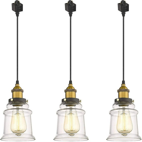 Kiven H-Type Track Lighting Industrial Kitchen Pendant Light Antique Brass Hanging Fixture with Glass Shade - 3 Pack