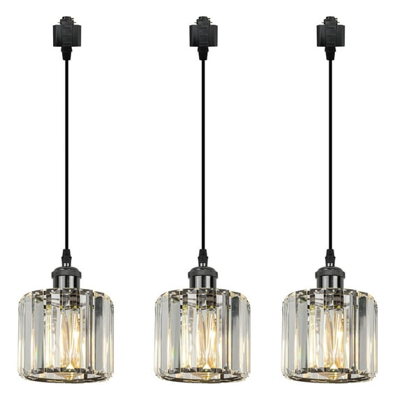 Kiven H-Type Track Lighting Pendants, 3-Light h Track Pendant Lights with Crystal Lampshade, H Track Light Pedant for Kitchen Island Home Cafe, Cord Length Customization,Black Finish Socket