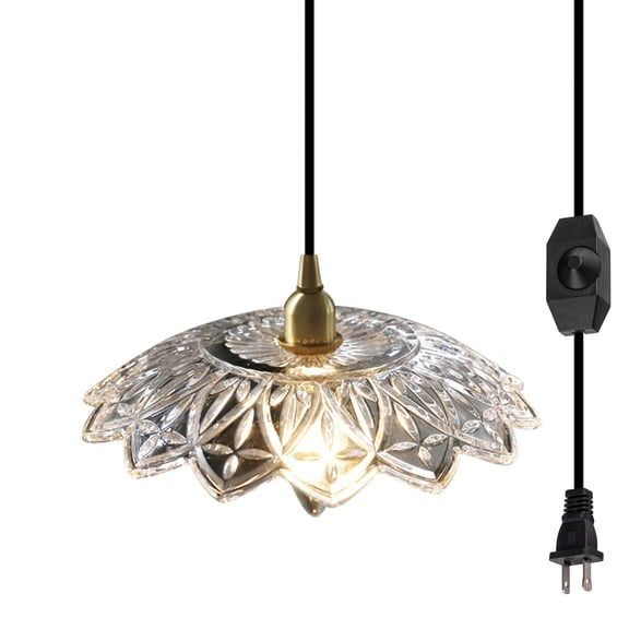 Kiven H-Type Track Lights, E26 1-Light Flower Dish Glass Chandelier American Retro Brass Lamp for Bedroom Head of Bed Bay Window Corner-A Style (Bulb Not Included)