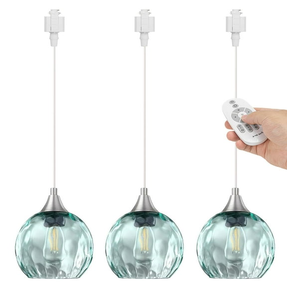 Kiven H-Type track lighting pendants Dimmable,Modern h track pendant lights with Green Glass Globe,Decorative Track Lighting Fixture for Kitchen Hallway Restaurant Shop(3-Light)